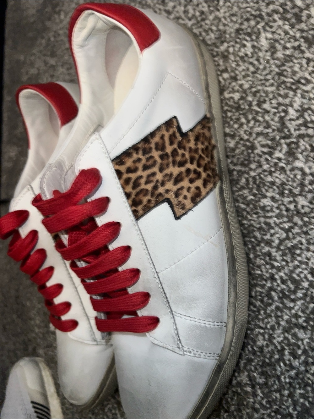 AMIRI White Leather Sneakers with Red Laces and Leopard Side Panel - Picture 2 of 7